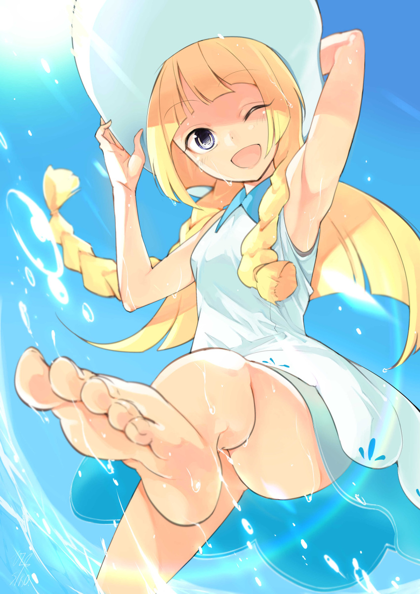 1girl, absurdres, arms_up, barefoot, blonde_hair, braid, creatures_(company), cute, dress, game_freak, hat, highres, inaba_makoto, leg_up, lillie_(pokemon), long_hair, nintendo, olm_digital, one_eye_closed, open_mouth, pokemon, pokemon_(game), pokemon_sm, sleeveless, sleeveless_dress, solo, splash, splashing, sun_hat, twin_braids, wet, white_dress, white_headwear