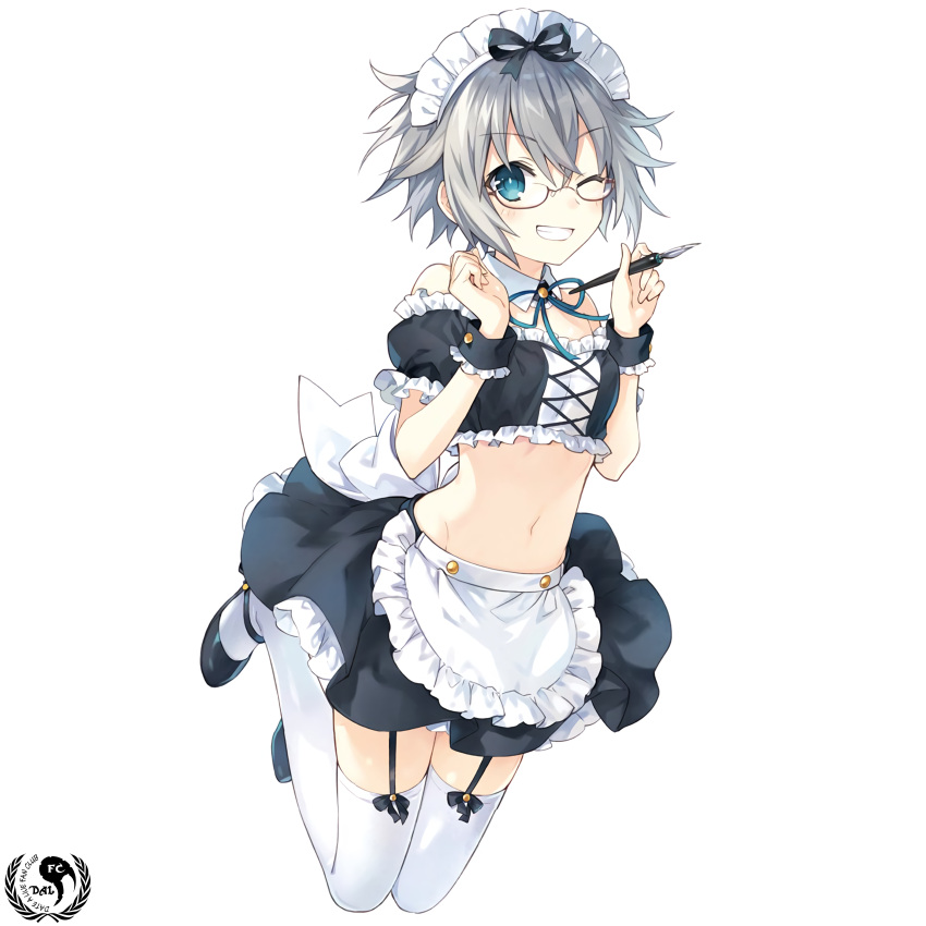 1girl, absurdres, blue_eyes, breasts, date_a_live, glasses, highres, holding, holding_pen, honjou_nia, jumping, looking_at_viewer, maid_dress, pen, short_hair, silver_hair, small_breasts, smile, stomach, thigh-highs, tsunako