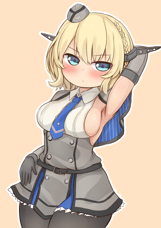 1girl, arm_up, armpits, black_gloves, black_legwear, blonde_hair, blue_eyes, blue_neckwear