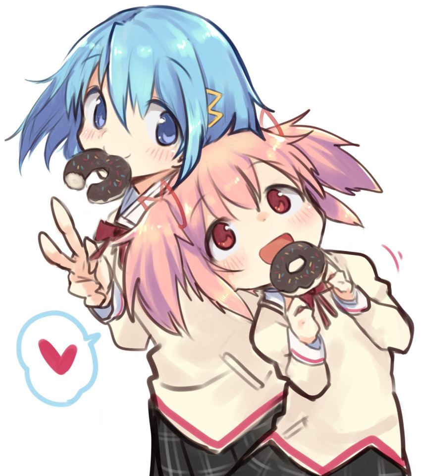 2girls, blue_eyes, blue_hair, cute, damenano104, doughnut, food, hair_ornament, hairclip, heart, highres, kaname_madoka, looking_at_another, mahou_shoujo_madoka_magica, miki_sayaka, multiple_girls, open_mouth, pink_eyes, pink_hair, school_uniform, short_hair, smile, speech_bubble, spoken_heart, twintails, v, white_background