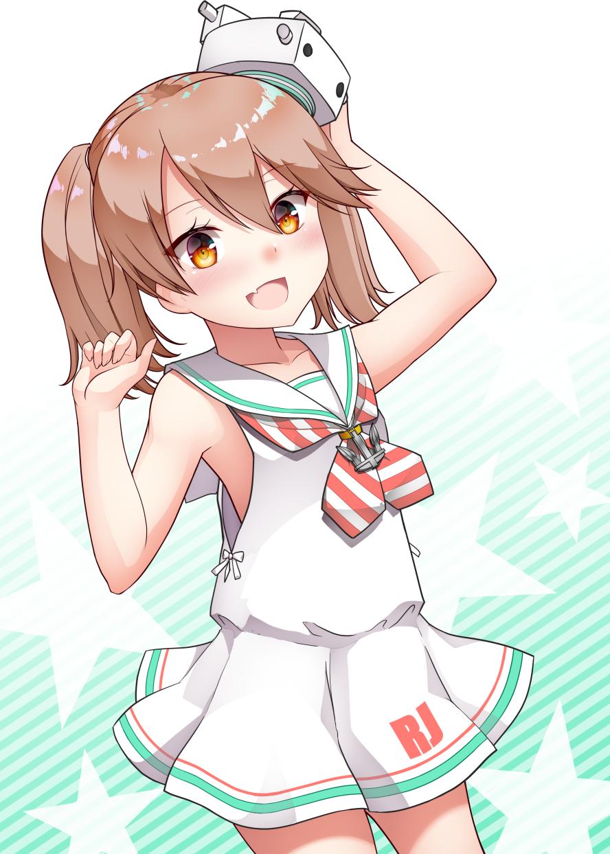 1girl, :d, anchor_necklace, arm_up, bangs, bare_arms, bare_shoulders, blush, brown_eyes, brown_hair, character_name, collarbone, commentary_request, cosplay, cowboy_shot, diagonal-striped_neckwear, diagonal_stripes, dress, eyebrows_visible_through_hair, fang, fingernails, gradient, gradient_background, hair_between_eyes, hand_up, hat, highres, kantai_collection, kirigakure_(kirigakure_tantei_jimusho), long_hair, looking_at_viewer, maestrale_(kantai_collection), maestrale_(kantai_collection)_(cosplay), mini_hat, neckerchief, open_mouth, pleated_dress, ribbon, ryuujou_(kantai_collection), sailor_collar, sailor_dress, simple_background, sleeveless, sleeveless_dress, smile, solo, star, starry_background, striped, striped_background, striped_neckwear, twintails, white_background, white_dress, white_ribbon, white_sailor_collar