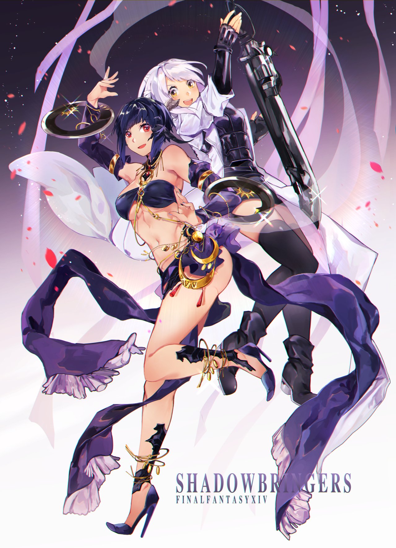 2girls, ass, au_ra, bare_shoulders, black_footwear, black_hair, black_legwear, bra