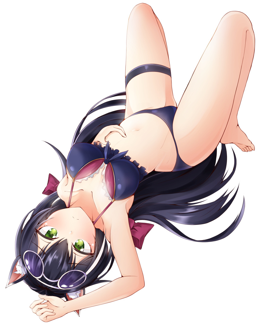 1girl, absurdres, animal_ears, arm_up, barefoot, bikini, black_hair, blue-tinted_eyewear