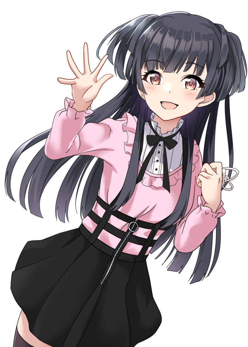 1girl, :d, bangs, black_hair, black_legwear, black_ribbon, black_skirt, blush