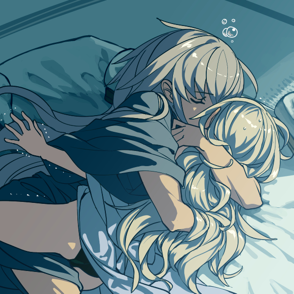 1boy, 1girl, bed_sheet, black_dress, black_gloves, blue_shirt, blush, breast_press