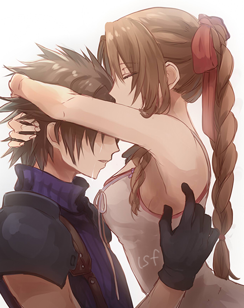 1boy, 1girl, aerith_gainsborough, black_hair, breasts, brown_hair, closed_eyes, closed_mouth