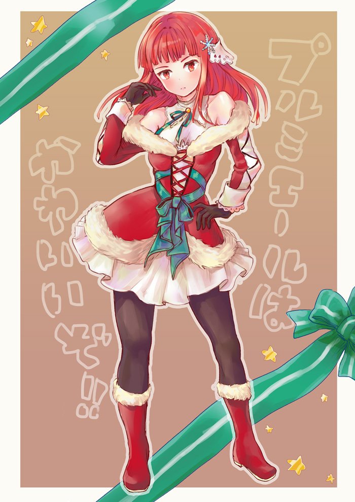 1girl, blush, breasts, christmas, commentary_request, dress, gloves, long_hair, looking_at_viewer, pantyhose, piggybank_(pixiv), primiera_(saga), redhead, saga, saga_frontier_2, solo