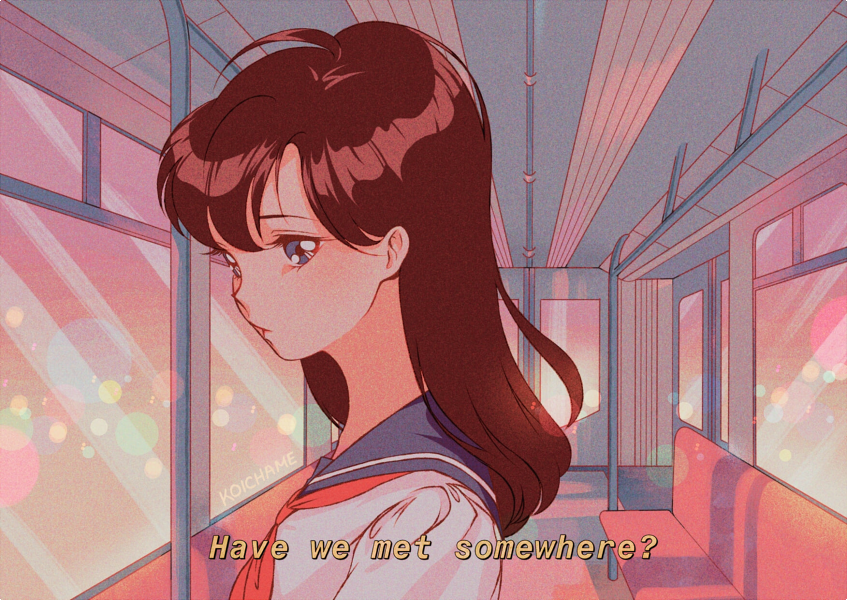 1girl, 90s, artist_name, bangs, blue_eyes, blue_sailor_collar, brown_hair, commentary