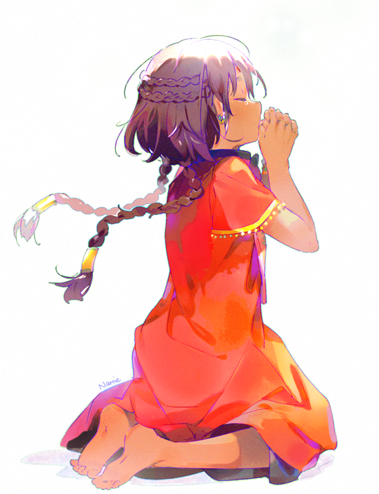 1girl, asha_(fate), barefoot, braid, brown_hair, closed_eyes, dark_skin, dress, fate/grand_order, fate_(series), hands_together, kneeling, namie-kun, praying, tears, twin_braids