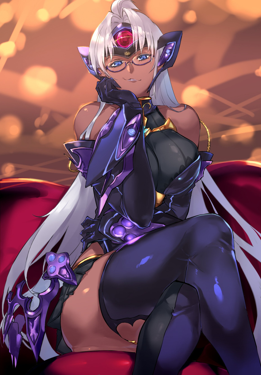 1girl, absurdres, android, bangs, bare_shoulders, blue_eyes, blurry, blurry_background, breasts, closed_mouth, commentary_request, couch, crossed_legs, dark_skin, dress, elbow_gloves, glasses, gloves, hand_on_own_chin, headgear, highres, large_breasts, lips, long_hair, looking_at_viewer, negresco, shiny, shiny_clothes, shiny_hair, shiny_skin, short_dress, silver_hair, sitting, sleeveless, smile, solo, t-elos, t-elos_re, thigh-highs, turtleneck, xenoblade_(series), xenoblade_2, xenosaga, xenosaga_episode_iii