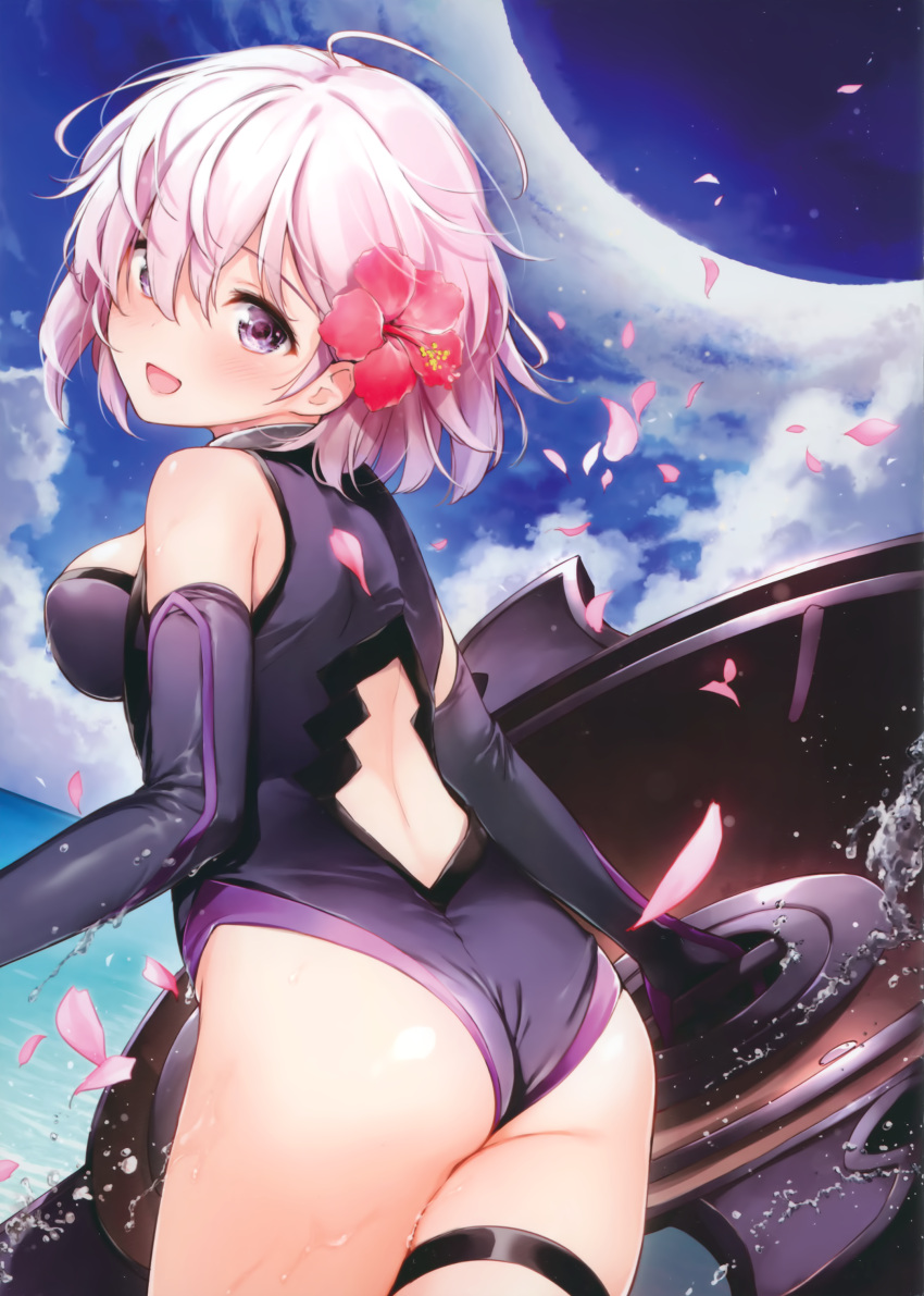 1girl, :d, absurdres, ahoge, armor, ass, back, back_cutout, bangs, bare_shoulders, black_gloves, black_leotard, blue_sky, blush, breasts, clouds, cowboy_shot, day, dutch_angle, elbow_gloves, fallstreak_hole, fate/grand_order, fate_(series), flower, from_side, gloves, gorget, hair_between_eyes, hair_flower, hair_ornament, halterneck, happy, head_tilt, hibiscus, highres, holding, holding_shield, leaning_forward, leotard, looking_at_viewer, looking_back, looking_to_the_side, mash_kyrielight, medium_breasts, ocean, open_mouth, outdoors, parted_bangs, petals, red_flower, revision, shield, short_hair, sideboob, sky, smile, solo, splashing, standing, tareme, thigh_strap, thighs, umakuchi_shouyu, violet_eyes, water, water_drop, wet, white_hair