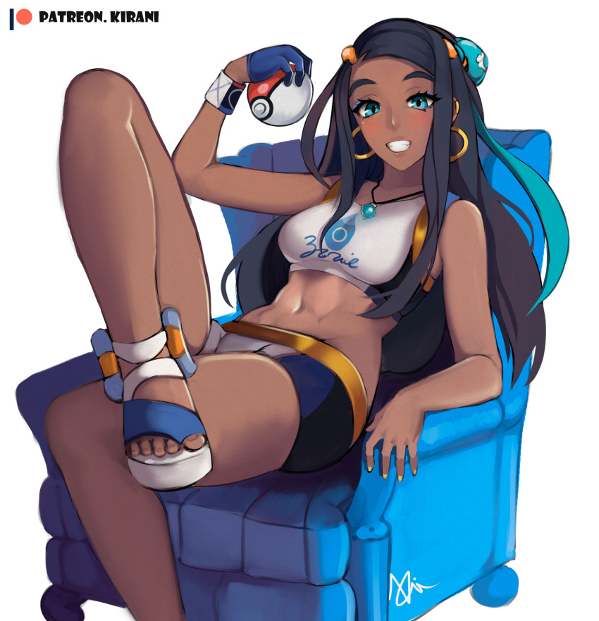 1girl, aqua_hair, armchair, bangs, black_hair, blue_eyes, breasts, chair, crossed_legs, dark_skin, ear_piercing, earrings, fang, gloves, grin, gym_leader, hair_bun, highres, holding, holding_poke_ball, hoop_earrings, jewelry, kirani, leg_up, lips, looking_at_viewer, midriff, multicolored_hair, navel, necklace, patreon_username, pendant, piercing, poke_ball, poke_ball_(generic), pokemon, pokemon_(game), pokemon_swsh, rurina_(pokemon), sandals, shorts, single_glove, sitting, small_breasts, smile, solo, stomach, swept_bangs, swimsuit, tankini, thick_eyebrows, toes, toned, two-tone_hair, white_background