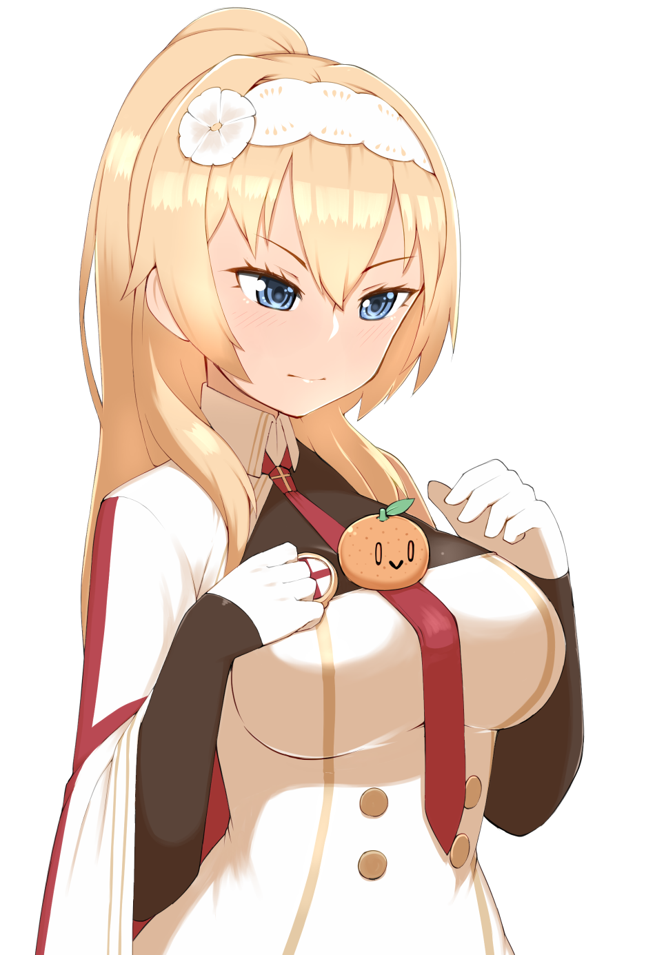 1girl, blonde_hair, blue_eyes, blush, breasts, capelet, closed_mouth, commentary_request