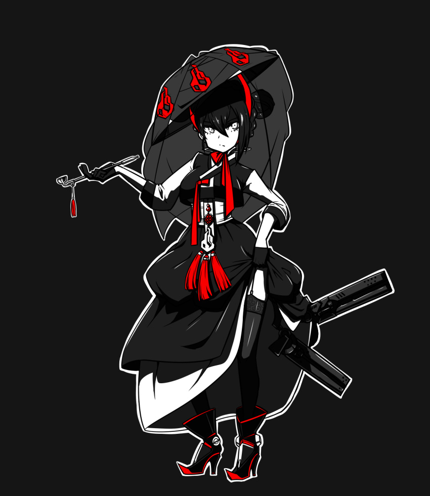 1girl, agent_(girls_frontline), ankle_boots, black_background, black_gloves, black_hair, black_legwear, boots
