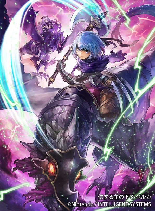 2girls, armor, axe, beruka_(fire_emblem), blue_hair, camilla_(fire_emblem), company_name, copyright_name