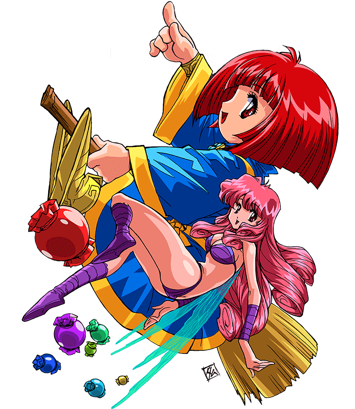 2girls, bikini, bob_cut, boots, broom, broom_riding, candy, cotton_(character)