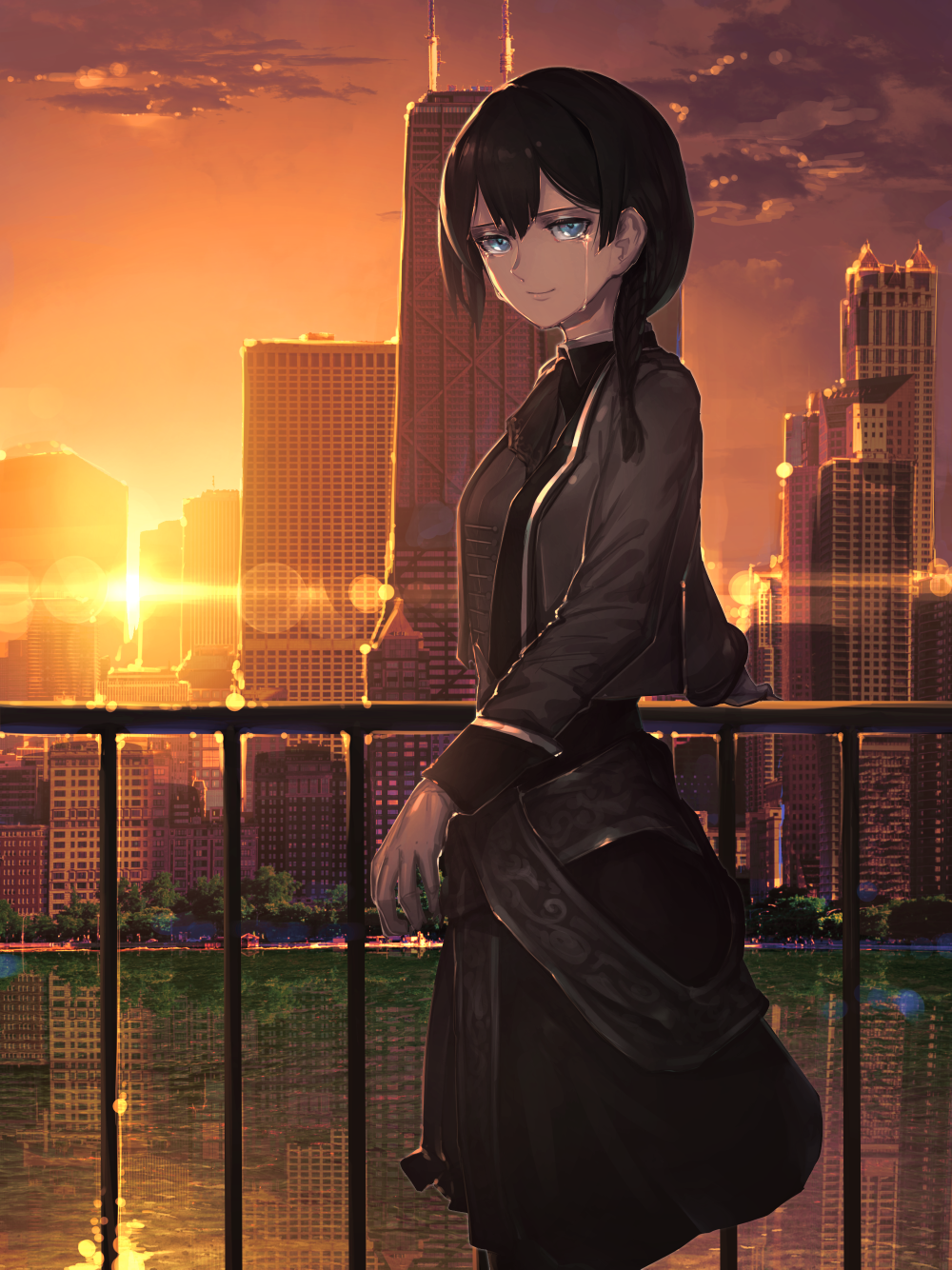 1girl, alter_ego_(game), bangs, black_dress, black_eyes, black_hair, black_jacket, blue_eyes