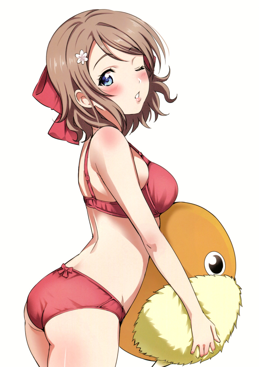 1girl, absurdres, arched_back, ass, blue_eyes, blush, bow, bra, breasts, brown_hair, cowboy_shot, eyebrows_visible_through_hair, flower, hair_bow, hair_flower, hair_ornament, highres, lips, looking_at_viewer, love_live!, love_live!_sunshine!!, medium_breasts, one_eye_closed, panties, parted_lips, red_bra, red_panties, rozen5, scan, short_hair, simple_background, smile, solo, teeth, uchicchii, underwear, watanabe_you, white_background
