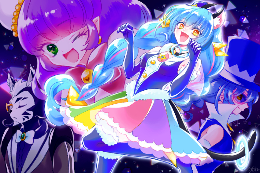 1boy, 3girls, bakenyan_(precure), blue_cat, blue_hair, boots, braid, brown_eyes