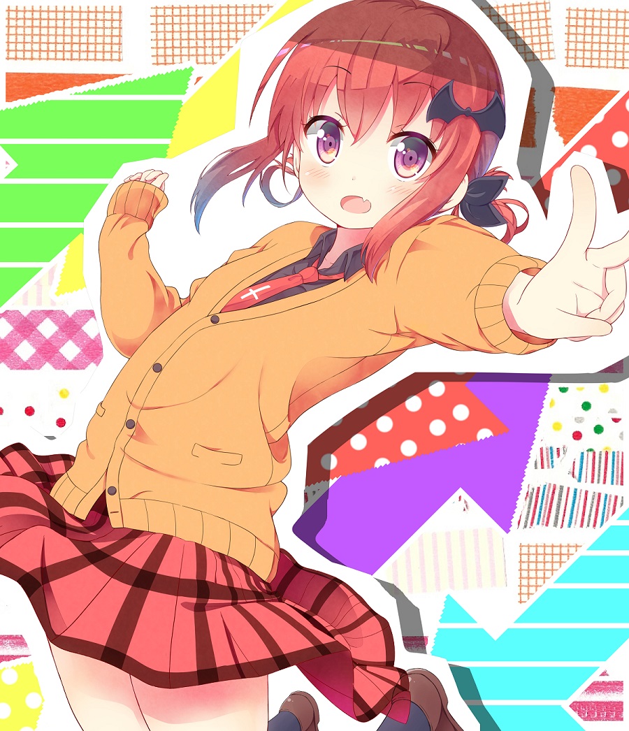 bangs, bat_hair_ornament, black_shirt, blush, collared_shirt, cross, eyebrows_visible_through_hair, fang, flat_chest, gabriel_dropout, hair_ornament, hair_ribbon, jabittoson, jumping, kurumizawa_satanichia_mcdowell, looking_at_viewer, multicolored, multicolored_background, necktie, open_mouth, orange_sweater_vest, paper_cutout, pleated_skirt, red_eyes, red_skirt, redhead, ribbon, shirt, shoes, skirt, socks, sweater_vest, thighs, v