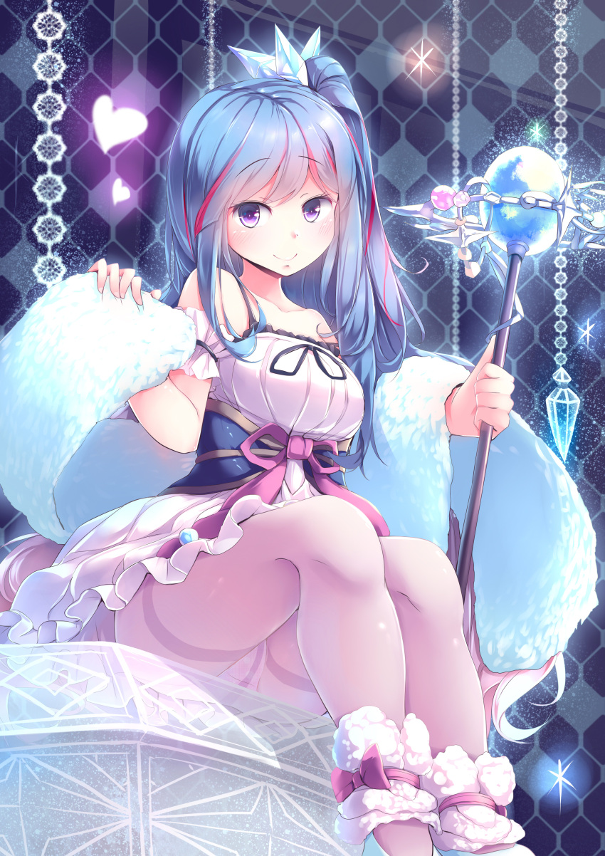 1girl, absurdres, arm_garter, bare_shoulders, blue_hair, commentary, crotch_seam, crystal, dress, duel_monster, eyebrows_visible_through_hair, hair_ornament, heart, highres, kanzakietc, long_hair, looking_at_viewer, multicolored_hair, one_side_up, panties, panties_under_pantyhose, pantyhose, pink_panties, redhead, shawl, sitting, smile, solo, staff, strapless, strapless_dress, streaked_hair, thighband_pantyhose, two-tone_hair, underwear, white_dress, white_legwear, witchcraft_master_verre, yuu-gi-ou