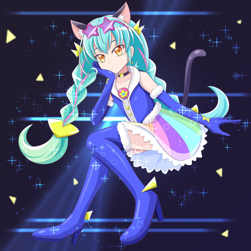 1girl, blue_hair, boots, braid, brown_eyes, cherrose, cure_cosmo, elbow_gloves