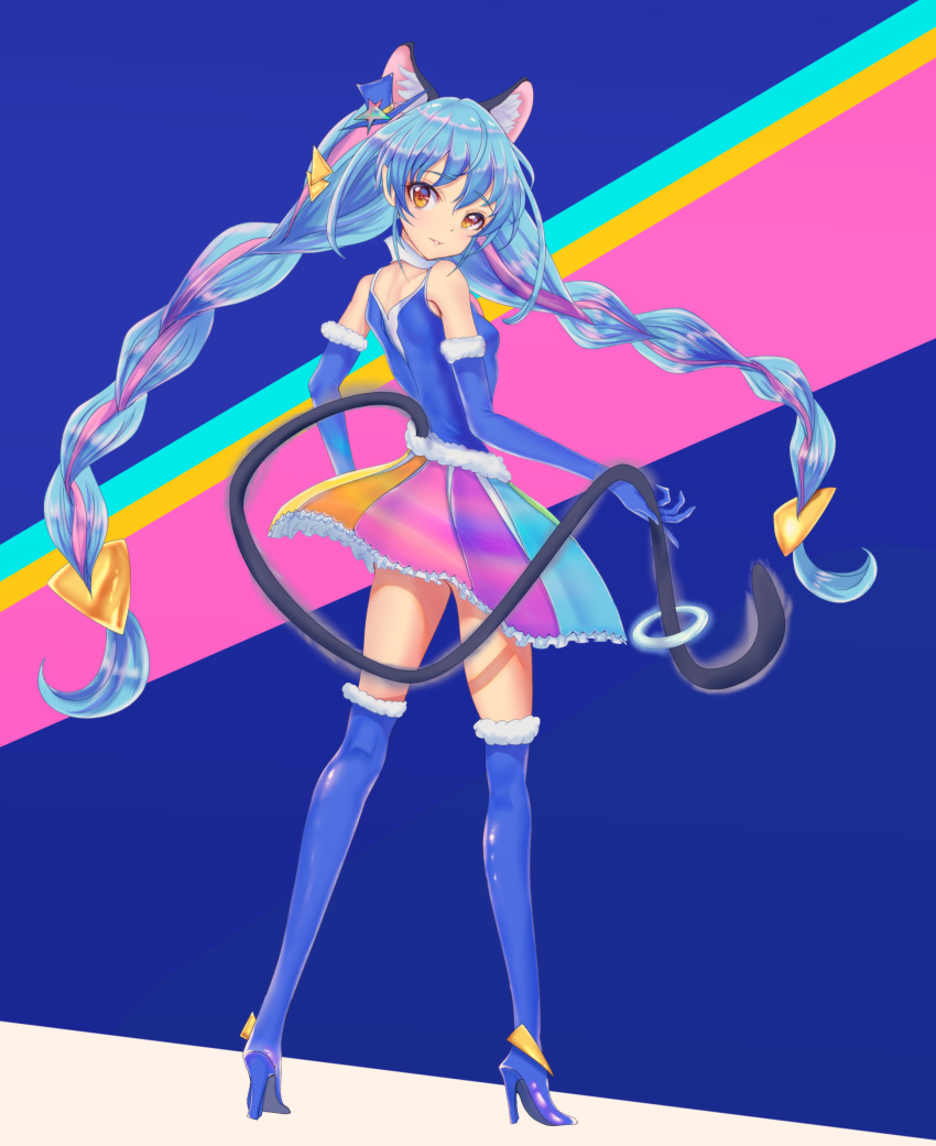 1girl, absurdres, blue_hair, boots, braid, brown_eyes, cure_cosmo, elbow_gloves, gloves, highres, long_hair, mitaka, multicolored_hair, pink_hair, precure, rainbow_skirt, skirt, solo, star_twinkle_precure, thigh-highs, thigh_boots, twin_braids, yuni_(precure)