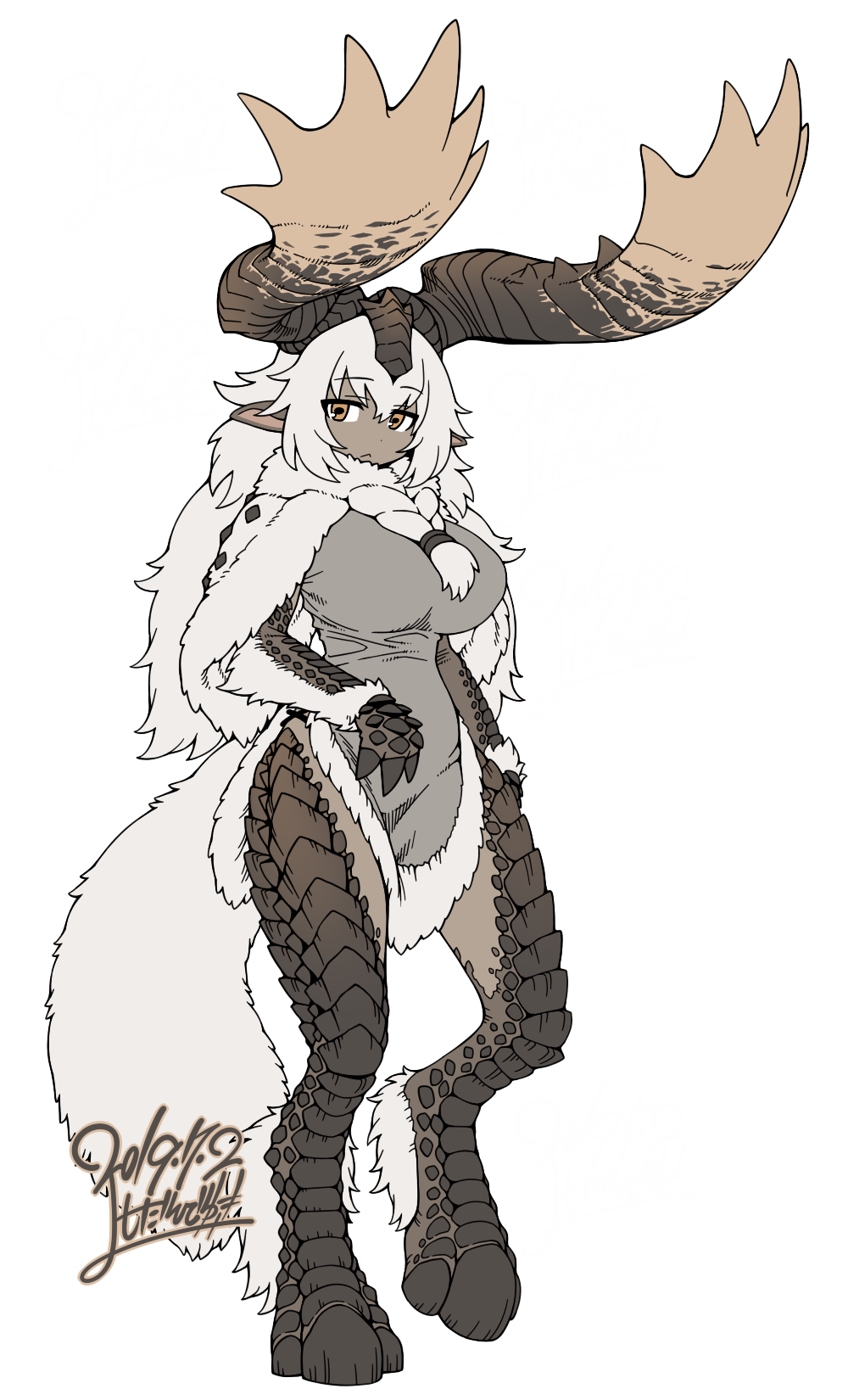 1girl, :<, banbaro, bangs, breasts, capelet, claws, commentary_request, dark_skin, dated, dress, eyebrows_visible_through_hair, full_body, fur-trimmed_capelet, fur-trimmed_dress, fur_collar, fur_trim, grey_dress, hair_between_eyes, highres, horns, large_breasts, long_hair, monster_girl, monster_hunter, personification, pointy_ears, scales, signature, simple_background, solo, tail, white_background, white_hair, yellow_eyes, yoshida_hideyuki