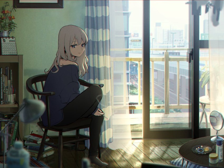 1girl, 5114ave, blinking, blonde_hair, blue_eyes, book_stack, chair, cigarette