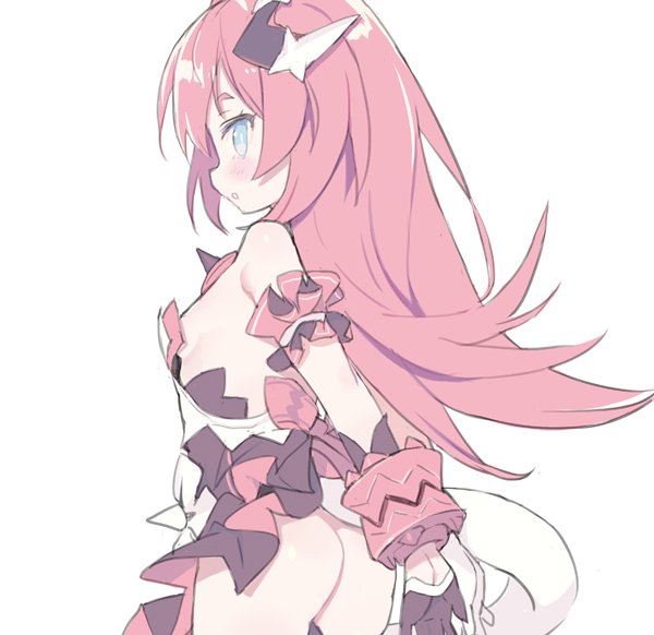 1girl, :o, arms_behind_back, ass, bangs, bare_shoulders, black_gloves, blade_(galaxist), blue_eyes, blush, commentary, dress, gloves, hair_between_eyes, hair_ornament, half_gloves, honkai_(series), honkai_impact_3rd, long_hair, looking_at_viewer, looking_back, no_panties, parted_lips, profile, redhead, rozaliya_olyenyey, simple_background, solo, symbol_commentary, tail, very_long_hair, white_background, white_dress
