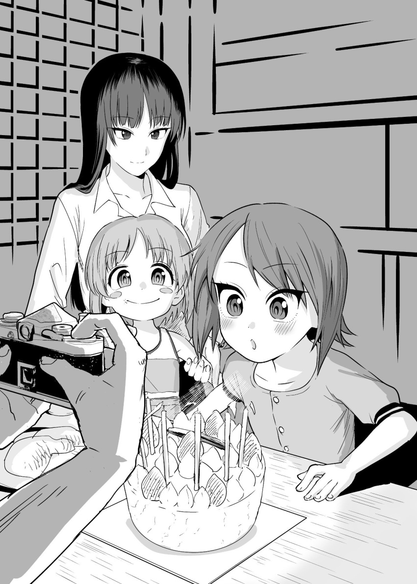 1boy, 3girls, actas_(studio), bangs, birthday, birthday_cake, black_hair, blowing