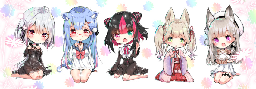 5girls, :d, animal, animal_ear_fluff, animal_ears, bangs, bare_shoulders, barefoot