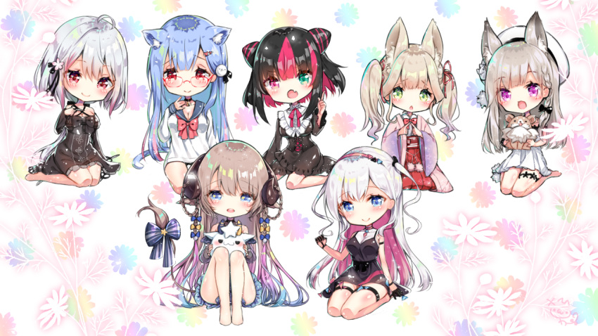 6+girls, :d, animal, animal_ear_fluff, animal_ears, bangs, bare_legs, bare_shoulders