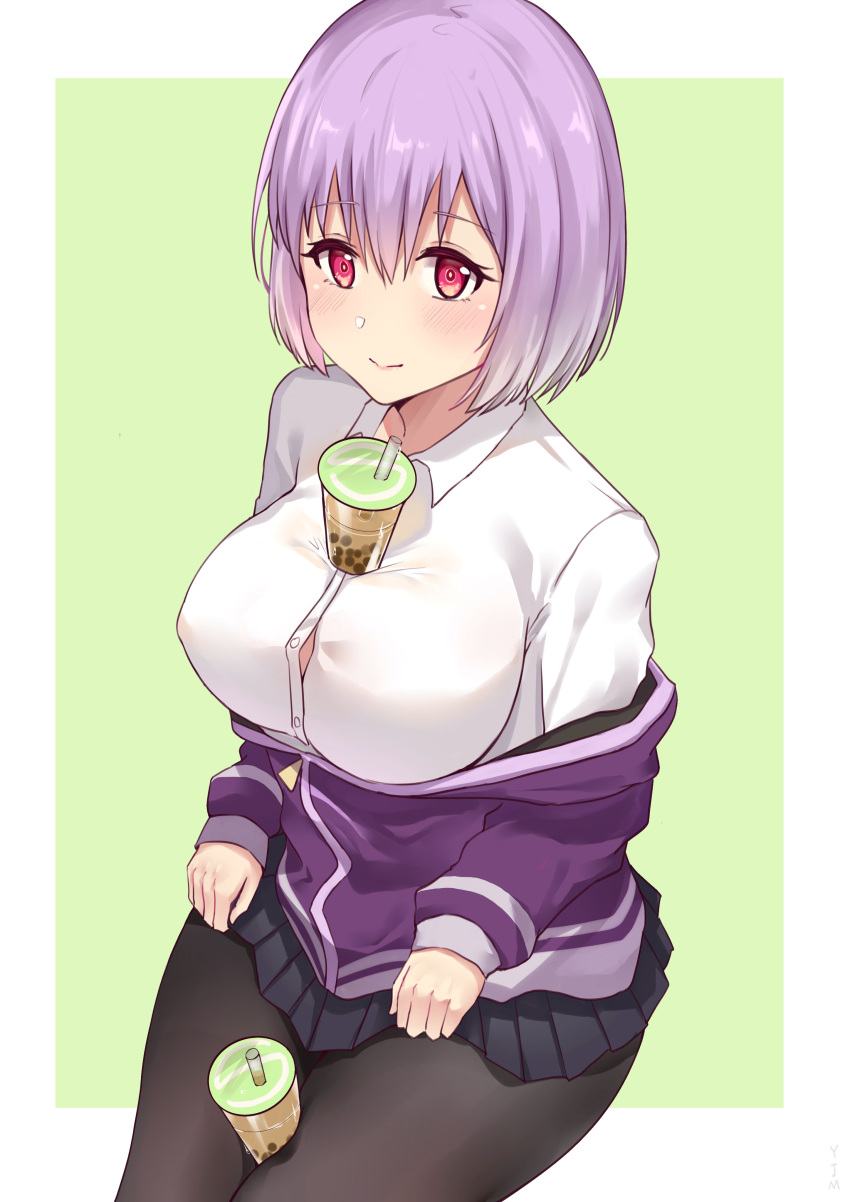 1girl, absurdres, bangs, between_thighs, black_legwear, black_skirt, blush, breasts