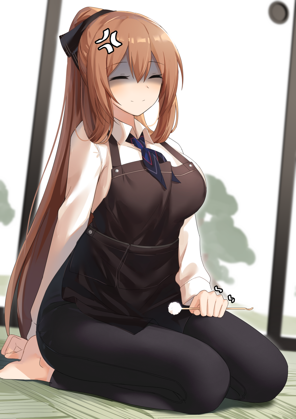 1girl, alternate_costume, anger_vein, apron, arm_behind_back, bangs, barefoot, black_apron, black_pants, blue_neckwear, blush, breasts, brown_hair, closed_eyes, closed_mouth, collared_shirt, copiz, cotton_swab, door, eyebrows_visible_through_hair, facing_viewer, girls_frontline, hair_between_eyes, hair_ornament, highres, holding, indoors, large_breasts, long_hair, long_sleeves, m1903_springfield_(girls_frontline), mimikaki, on_floor, pants, ponytail, seiza, shaded_face, shirt, sitting, smile, solo, very_long_hair, white_shirt