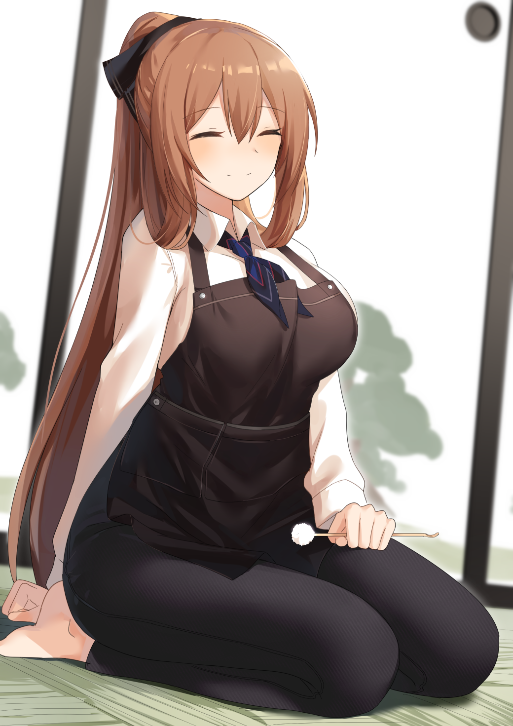 1girl, alternate_costume, apron, arm_behind_back, bangs, barefoot, black_apron, black_pants
