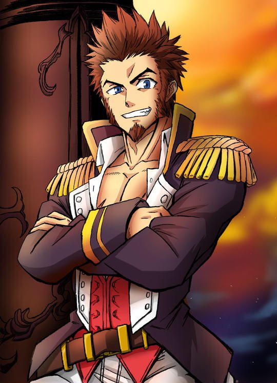 1boy, beard, belt, blue_eyes, brown_hair, chest, commentary_request, crossed_arms, epaulettes, facial_hair, fate/grand_order, fate_(series), kuonaozora, long_sleeves, looking_at_viewer, male_focus, military, napoleon_bonaparte_(fate/grand_order), pants, scar, sky, smile, solo, teeth, uniform, weapon
