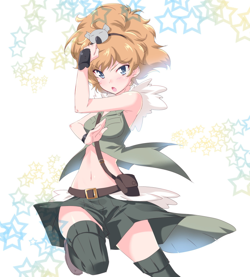 1girl, bag, belt, blue_eyes, blush, bracelet, girls_und_panzer, hand_to_head, hand_up, headband, highres, jewelry, kamonohashi_(girls_und_panzer), koala, kuzuryuu_kennosuke, leg_up, messy_hair, midriff, navel, open_mouth, orange_hair, pose, short_hair, short_sleeves, shorts, simple_background, socks, solo, star, thigh-highs, thighs, tongue, white_background