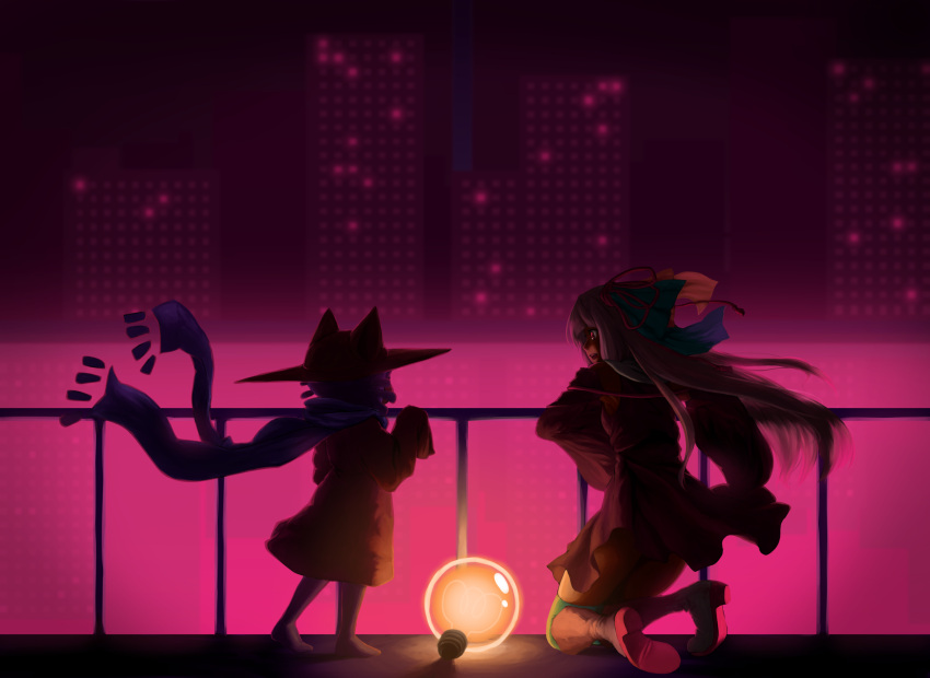 1girl, 1other, animal_hat, black_legwear, boots, building, cat_hat, facing_away, glowing, hair_ribbon, hat, highres, kneeling, kotonoha_akane, light_bulb, long_hair, long_sleeves, mji_(emucchi), niko_(oneshot), nyanbinary, oneshot_(game), open_mouth, purple_hair, red_eyes, reflection, ribbon, scarf, skyscraper, sleeves_past_wrists, standing, voiceroid