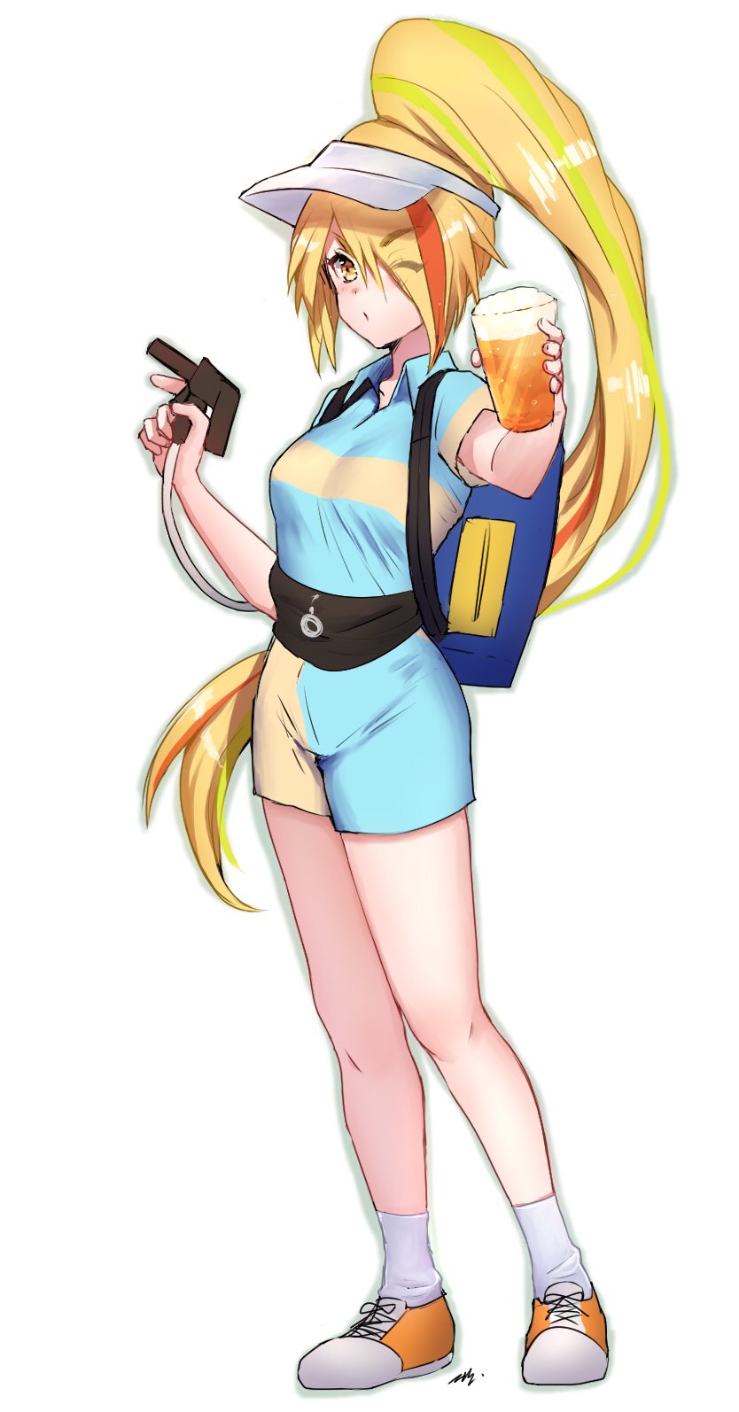 1girl, alcohol, backpack, bag, beer, blonde_hair, breasts, eyebrows_visible_through_hair