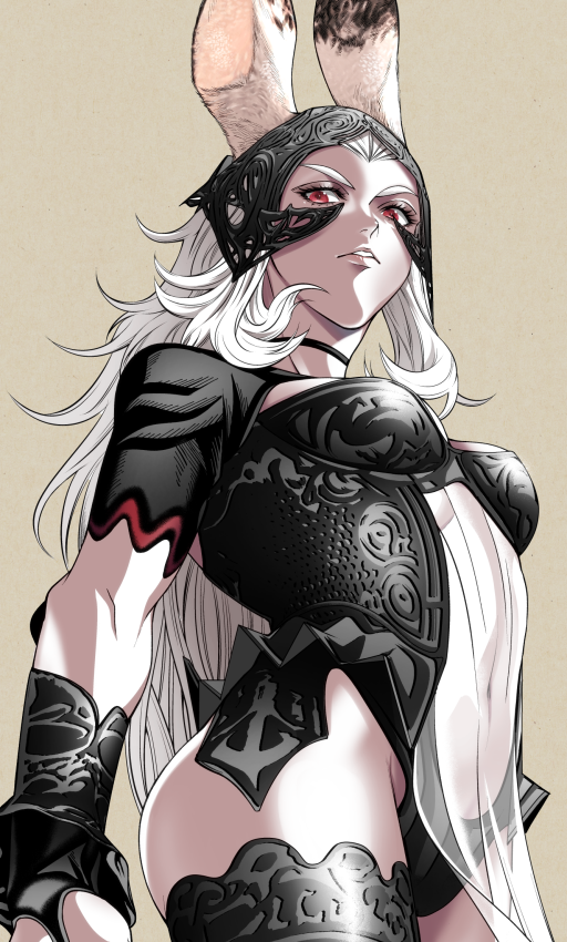 1girl, animal_ears, black_choker, black_legwear, black_leotard, breasts, choker, dark_skin, final_fantasy, final_fantasy_xii, fran, ko102k1, leotard, long_hair, navel, parted_lips, rabbit_ears, red_eyes, see-through, short_sleeves, small_breasts, solo, thigh-highs, viera, white_hair