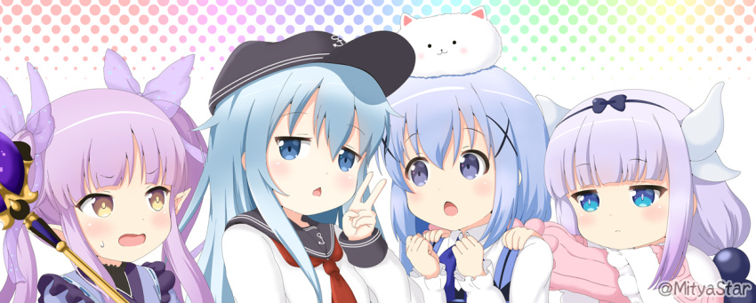 4girls, anchor_symbol, angora_rabbit, animal, animal_on_head, bangs, black_headwear, black_sailor_collar