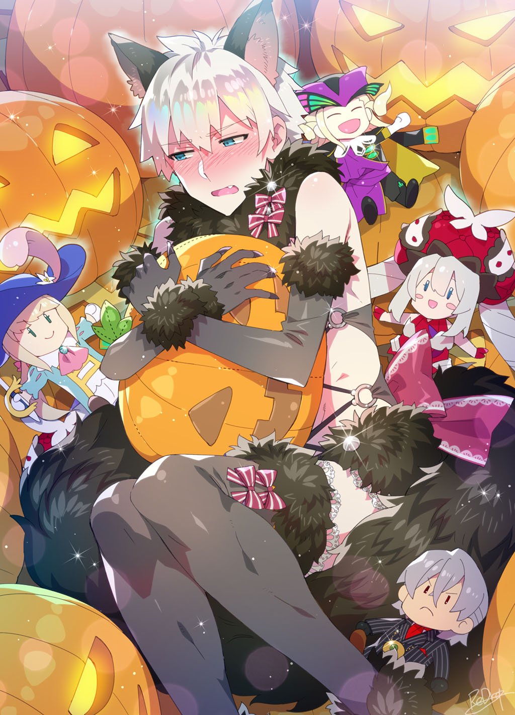 1boy, animal_ears, antonio_salieri_(fate/grand_order), black_gloves, black_legwear, blue_eyes, blush, bow