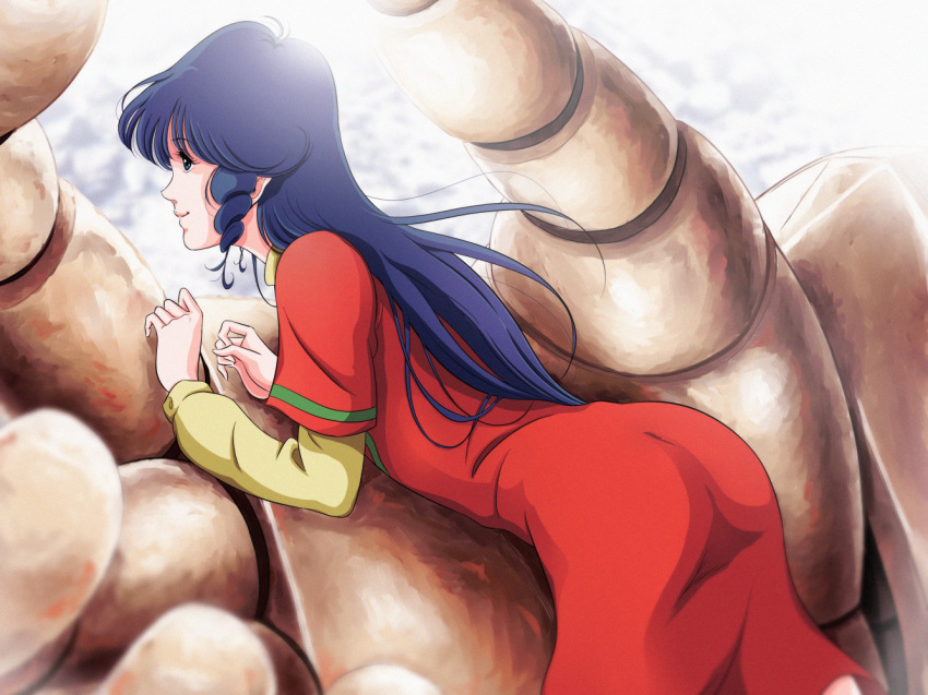 1girl, 80s, black_hair, china_dress, chinese_clothes, choujikuu_yousai_macross, commentary_request, damaged, dirty, dress, lying, lynn_minmay, macross, mecha, official_style, oldschool, on_stomach, open_hand, rescue_rabbit, riding, robotech, science_fiction, size_difference, spoilers, variable_fighter, vf-1, vf-1d, waeba_yuusee