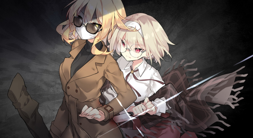 2girls, backstab, bangs, black-framed_eyewear, black_sclera, black_sweater, blonde_hair, brown_coat