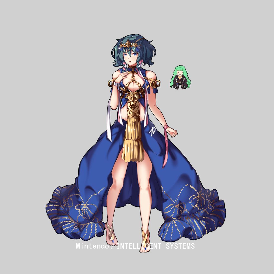 2girls, :3, blue_eyes, blue_hair, byleth, byleth_(female), byleth_(female)_(cosplay), cape, chibi, closed_mouth, conope, cosplay, costume_switch, fire_emblem, fire_emblem:_three_houses, full_body, green_hair, grey_background, hair_ornament, long_hair, multiple_girls, simple_background, sothis, sothis_(cosplay), tiara