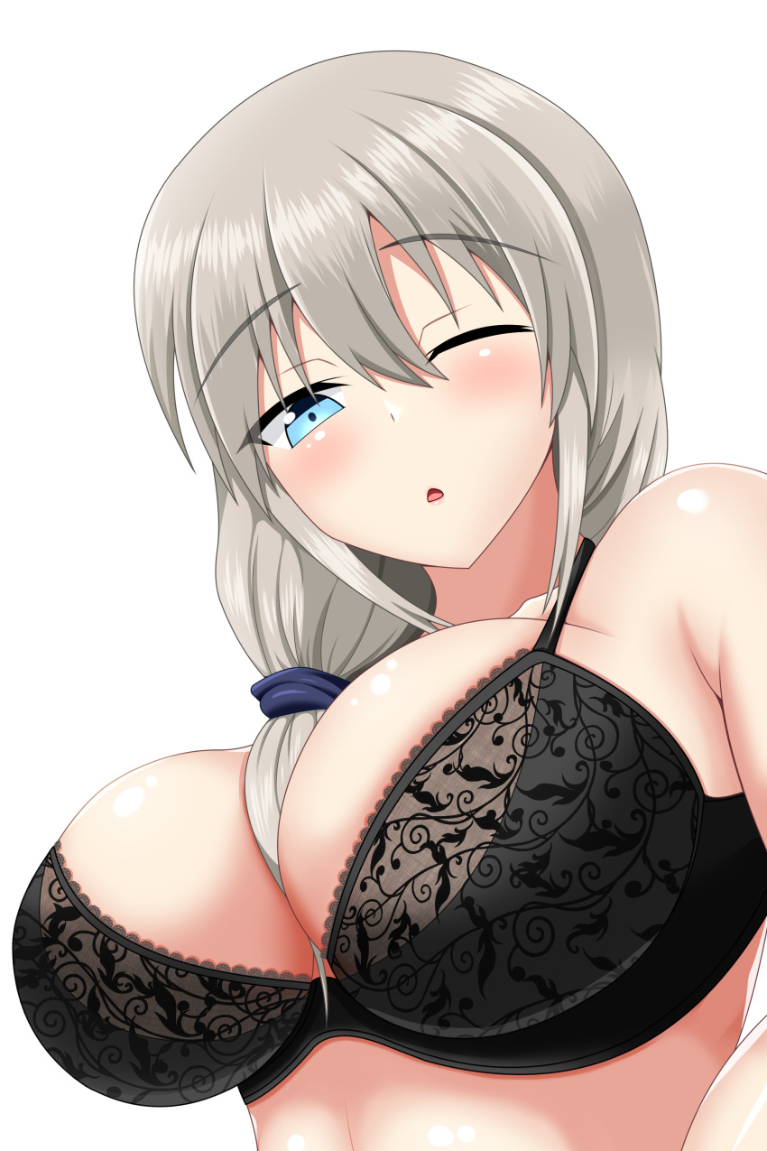 1girl, absurdres, ariyosibb_(unishari), bangs, bare_shoulders, black_bra, blue_eyes, blue_scrunchie