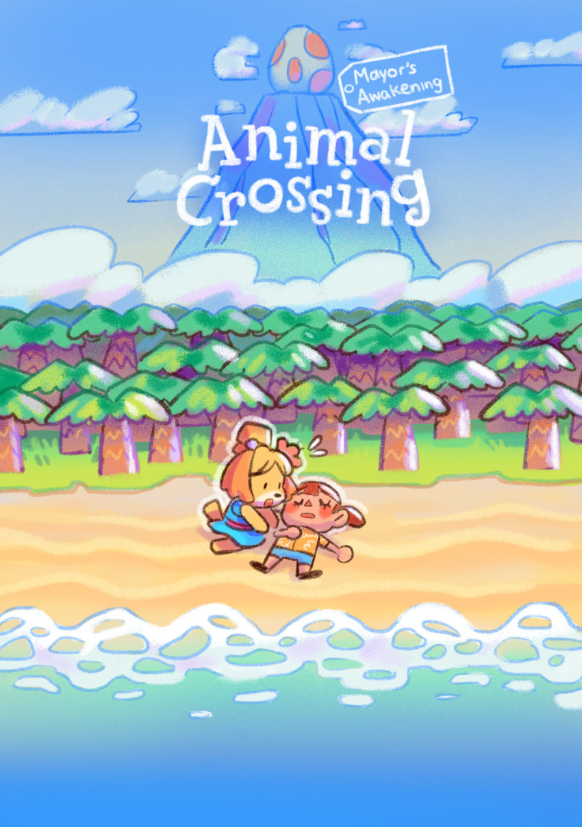 1girl, animal_crossing, animal_crossing_new_horizons, animal_ears, beach, blonde_hair, blue_sky, blush, brown_hair, closed_eyes, clouds, copyright_name, cosplay, day, dog, dog_ears, dog_girl, doubutsu_no_mori, flower, furry, grass, hair_flower, hair_ornament, highres, lying, marin_(the_legend_of_zelda), marin_(the_legend_of_zelda)_(cosplay), mountain, nintendo, nintendo_ead, ocean, ochibrochi, on_back, outdoors, parody, shizue_(doubutsu_no_mori), shorts, sitting, sky, super_smash_bros., the_legend_of_zelda, the_legend_of_zelda:_link's_awakening, tree, villager_(doubutsu_no_mori), waves, windfish's_egg, zelda_no_densetsu
