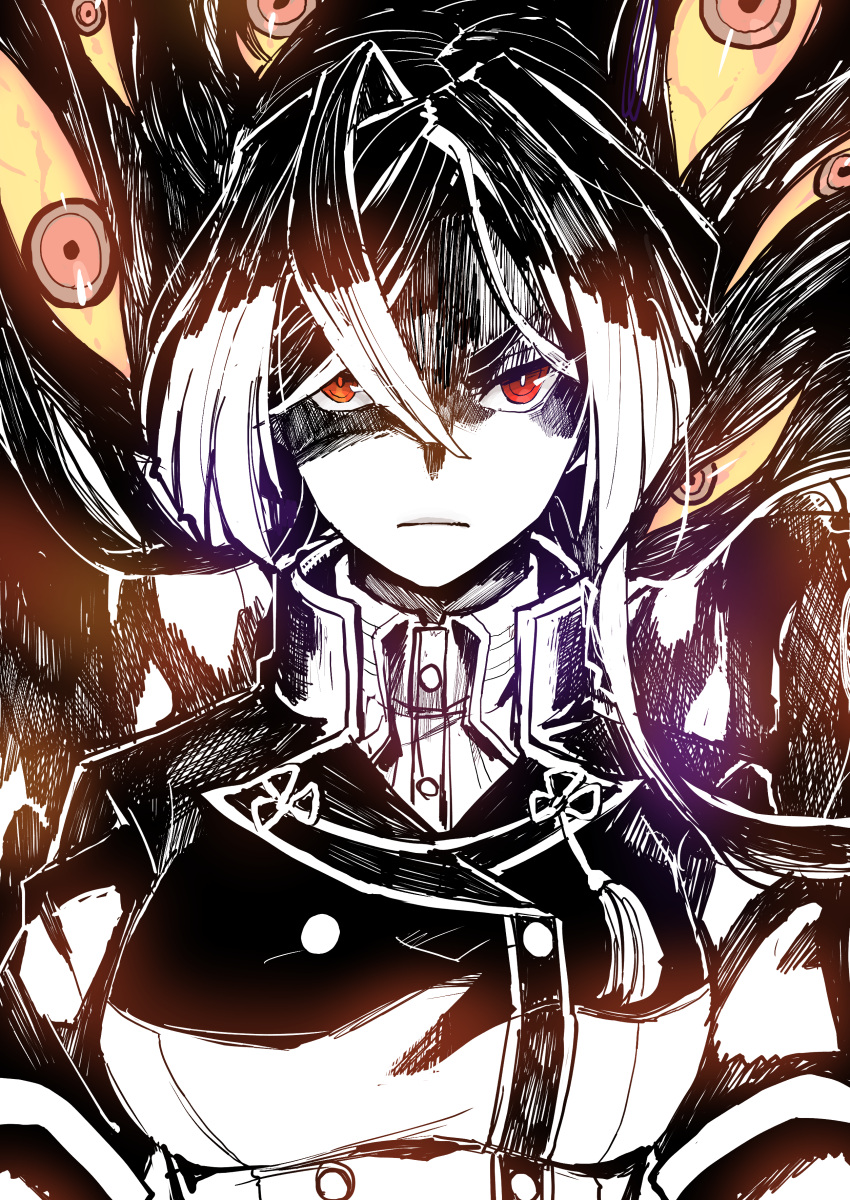 1girl, absurdres, bangs, black_hair, breasts, buttons, closed_mouth, double-breasted