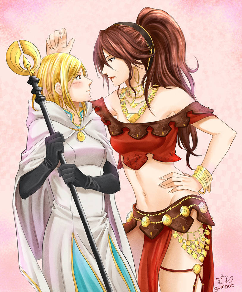 2girls, artist_name, bare_shoulders, black_gloves, blonde_hair, bracelet, brown_hair, commentary
